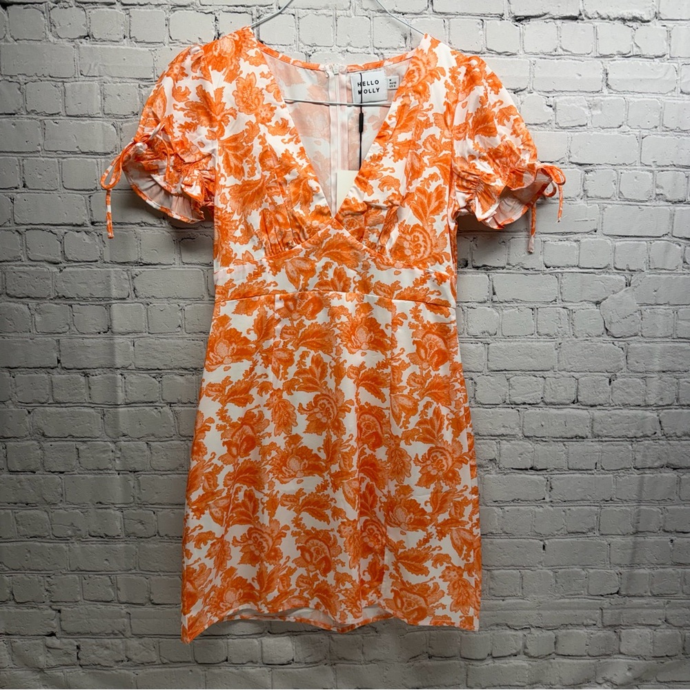 Hello Molly White & Orange Floral Tie-Sleeve Mini Dress size 6 NWT